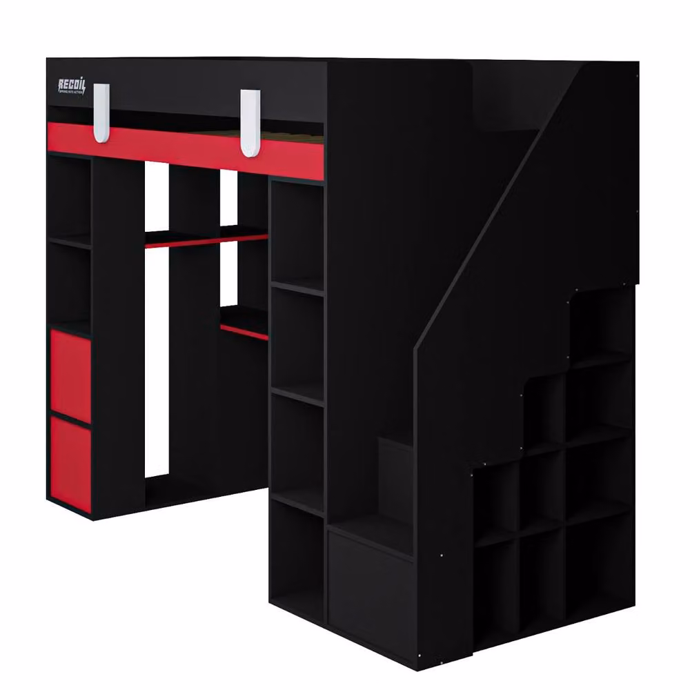 Flair Furnishings Blaze Single Staircase Gaming High Sleeper Bed with Storage and Side Compartments, Black and Red – 5