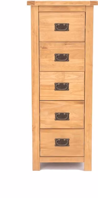 Cabinet Bits Lugo 5 Drawer Narrow Chest of Drawers in Rustic Brown Pine with Gold Handles
