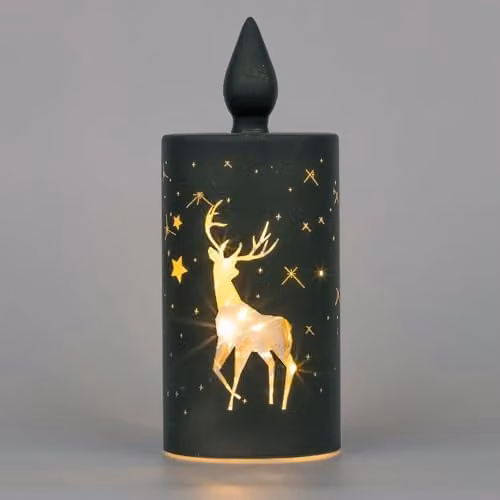 Shatchi Black and Gold Christmas Decorated LED Glass Candle Lantern, H 27 cm x W 10 cm x D 10 cm