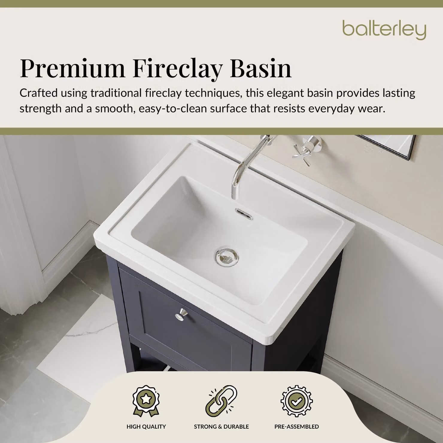 Balterley Blue 1 Drawer Bathroom Floor Vanity with Fireclay Basin – 3