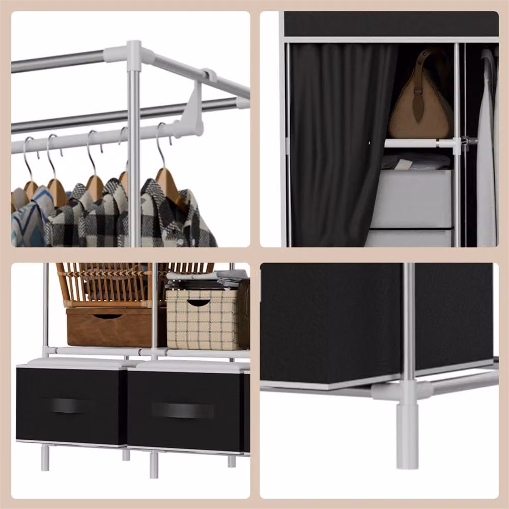 SPETLEK Large Black Fabric Canvas Freestanding Wardrobe with Doors and Drawers – 4