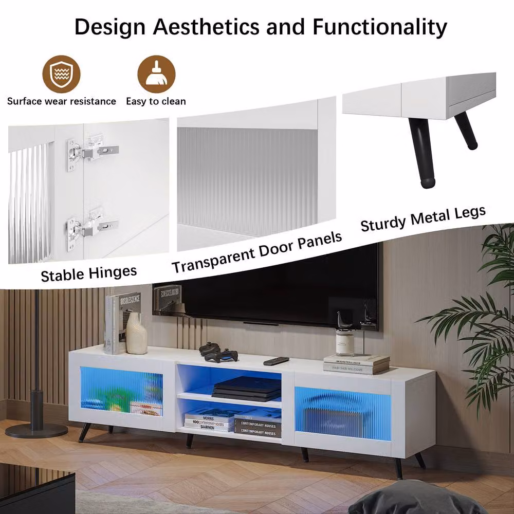 KEEPREAPER Modern White TV Stand with Transparent Acrylic Doors for 32-70 Inch TVs – 8