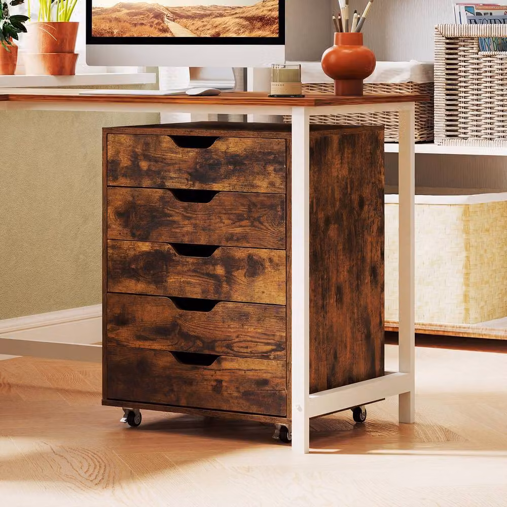 Costway 5 Drawer Rolling Dresser Storage Cabinet with Lockable Wheels in Brown – 8