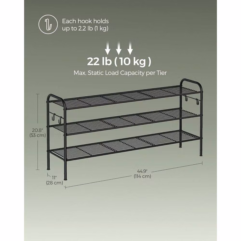 The Bazaarist 3 Tier Adjustable Metal Shoe Rack with Hooks in Matt Black – 3