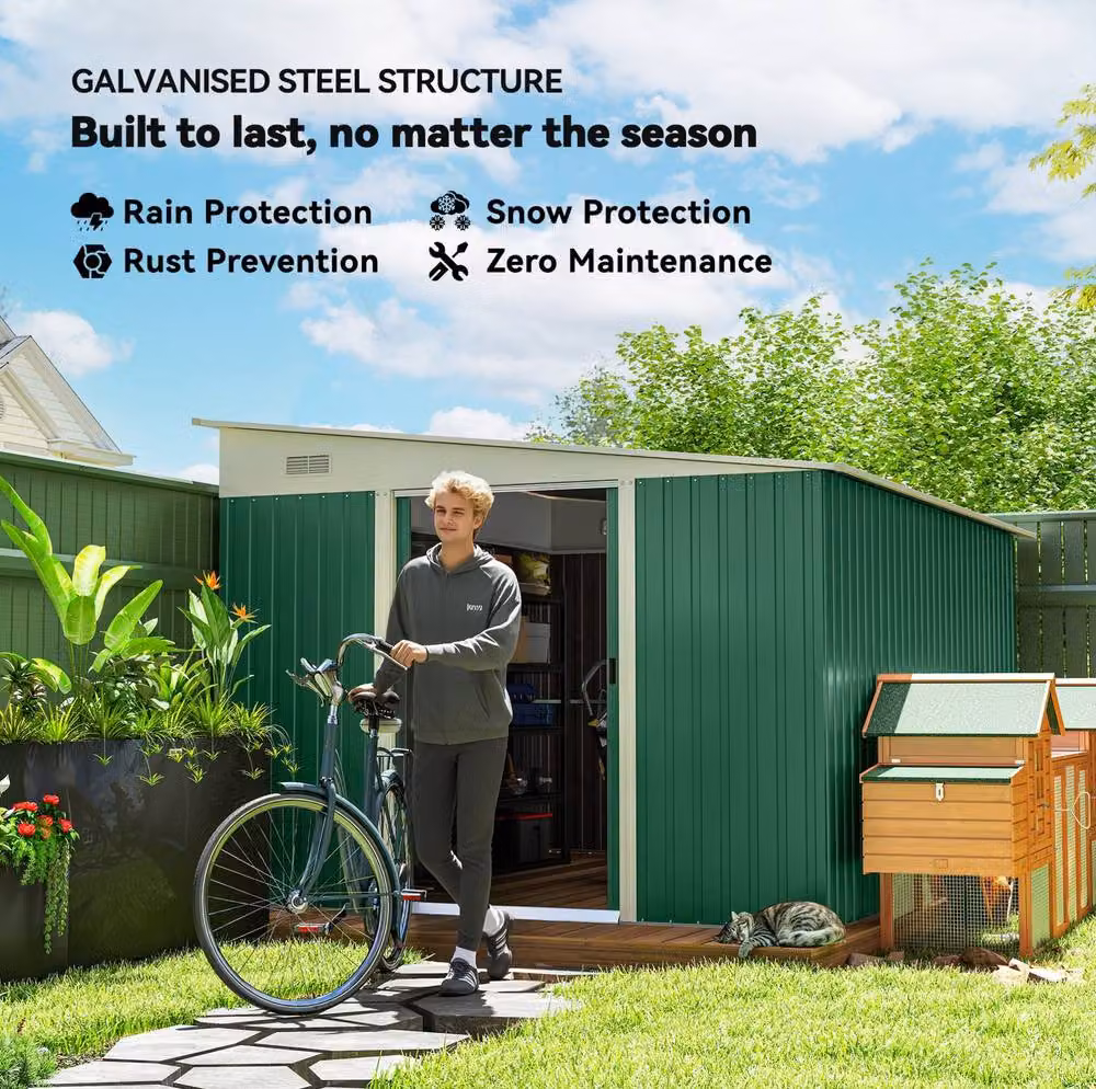 STILVORA Green Galvanised Steel Pent Garden Storage Shed with Double Sliding Doors and Side Vents, W/D/H: 345 x 333 x 201 cm – 4