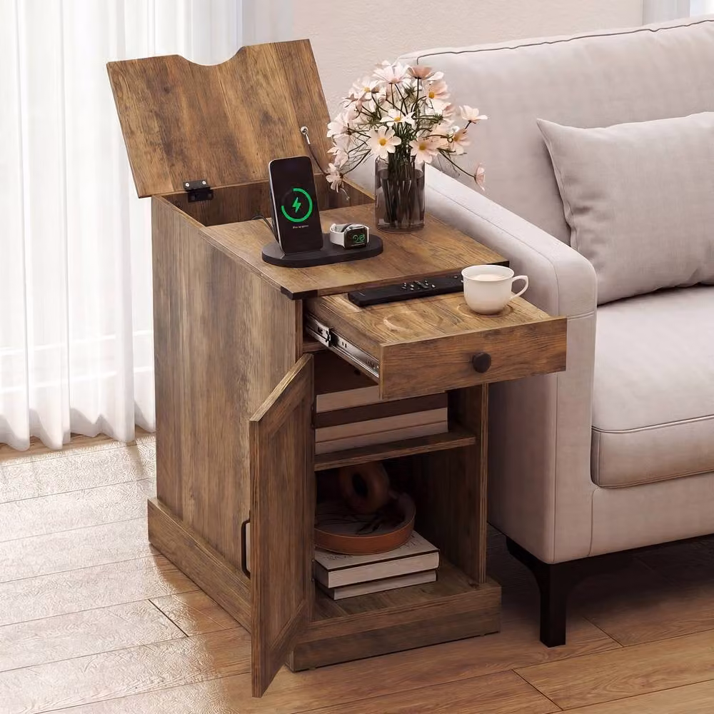 Gymax Brown Farmhouse End Table with Charging Station and Cabinet – 6