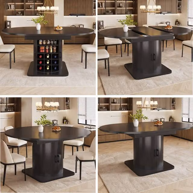 Matteo Extendable Rectangular Dining Table with Storage and Wine Rack in Black Matt MDF