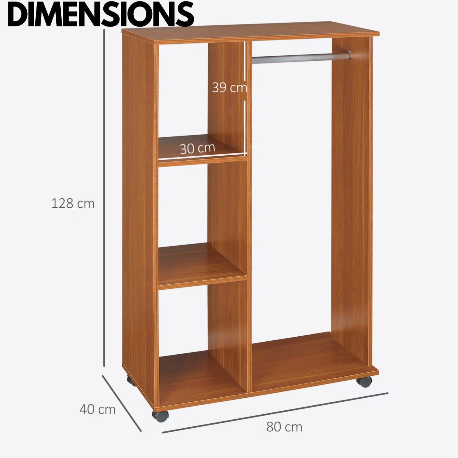Rafaelo Mobilia Small Open Wardrobe with Wheels in Walnut Brown, W: 40.0 cm, D: 15.0 cm, H: 128.0 cm – 4