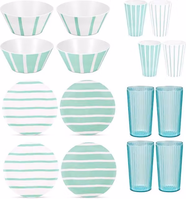 Bayside Thurlestone 16pc Stackable Melamine Picnic Dinner Service Set in Multicolour Striped White and Green