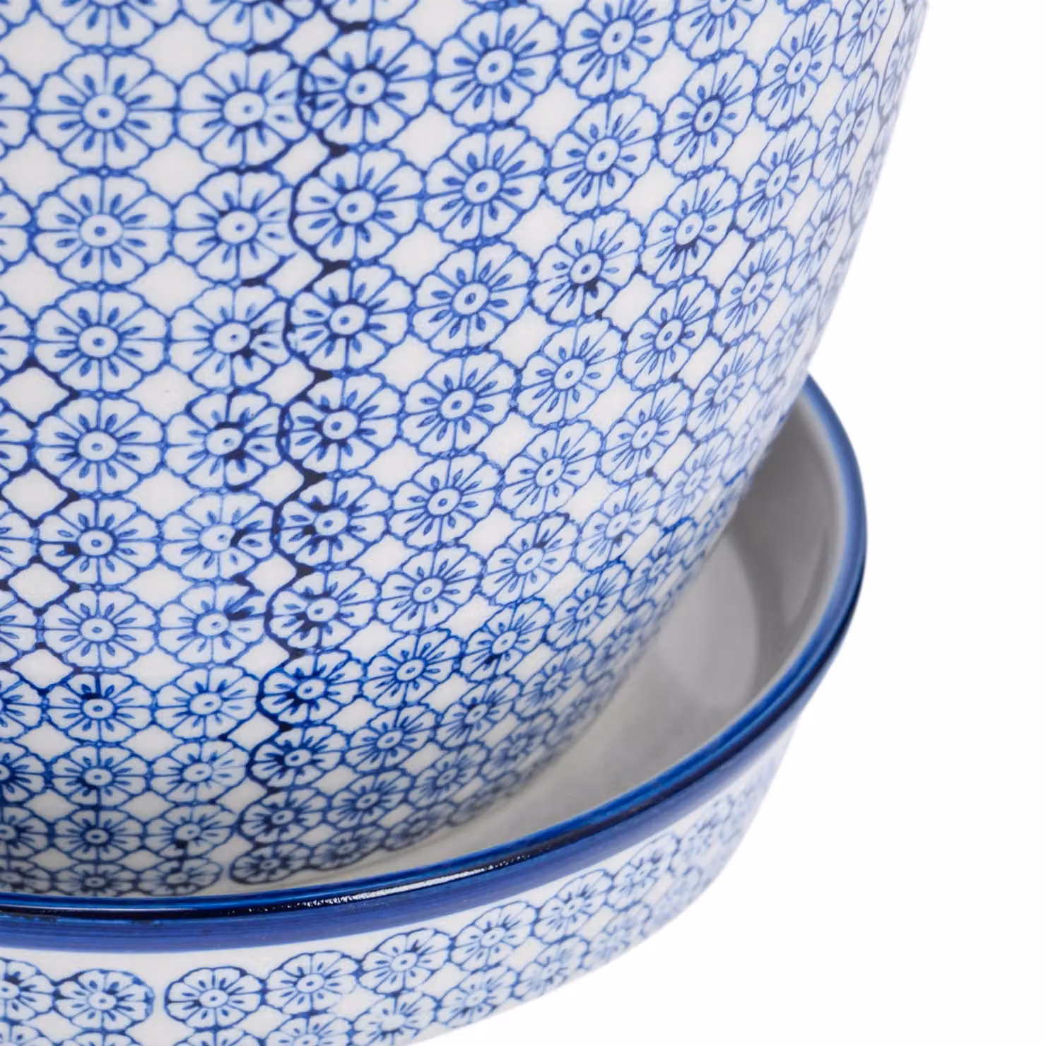 Nicola Spring Hand-Printed Ceramic Plant Pots with Saucers, Blue, Pack of 3, Diameter: 20.5 cm – 4