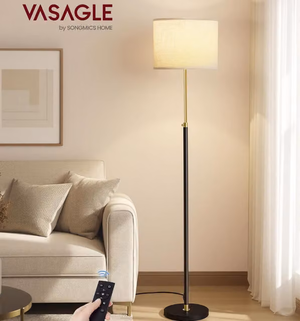 VASAGLE Adjustable LED Floor Lamp with Remote Control and Foot Switch in Black and Gold