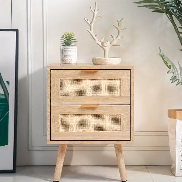 Livingandhome Set of 2 Mid-Century Brown Pine Wood and Rattan Freestanding Side Cabinets