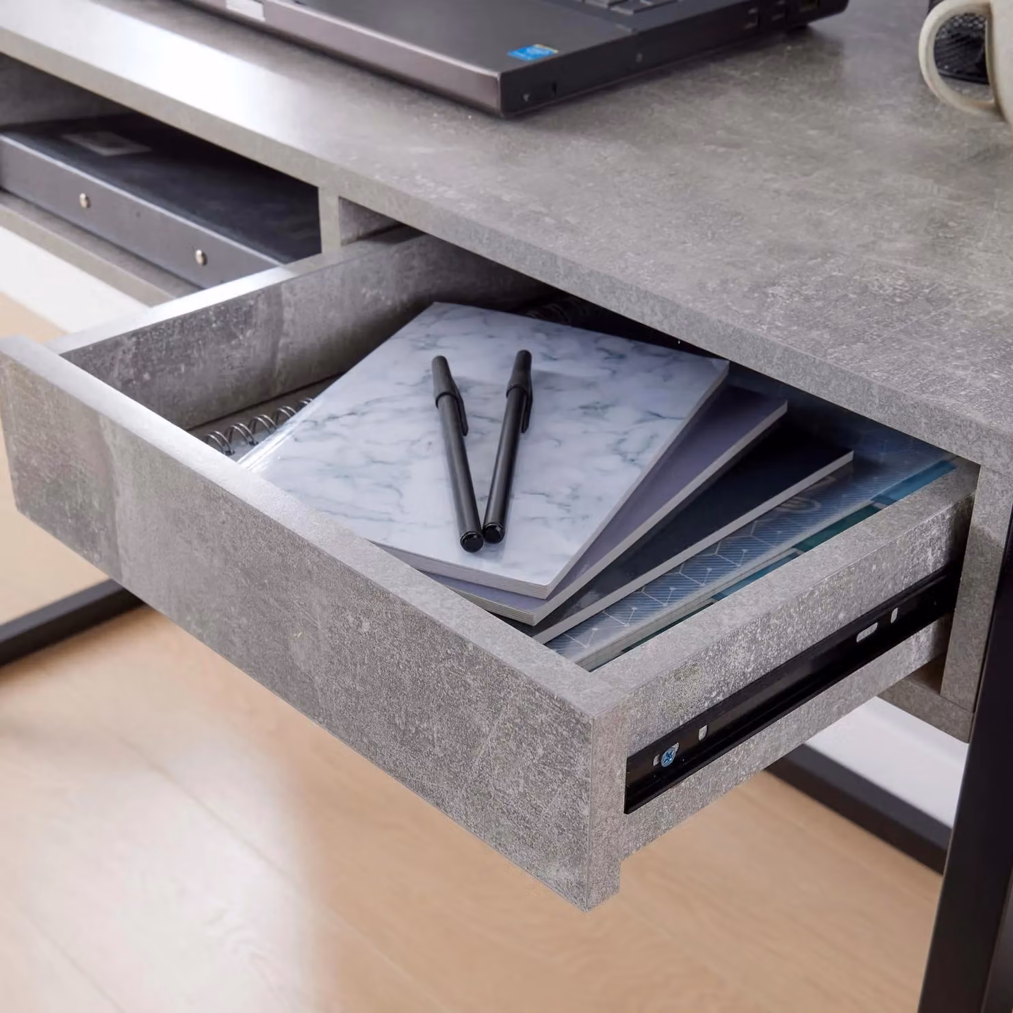 Home Source Modern Grey Computer Desk with Single Pedestal and Metal Sled Base – 4