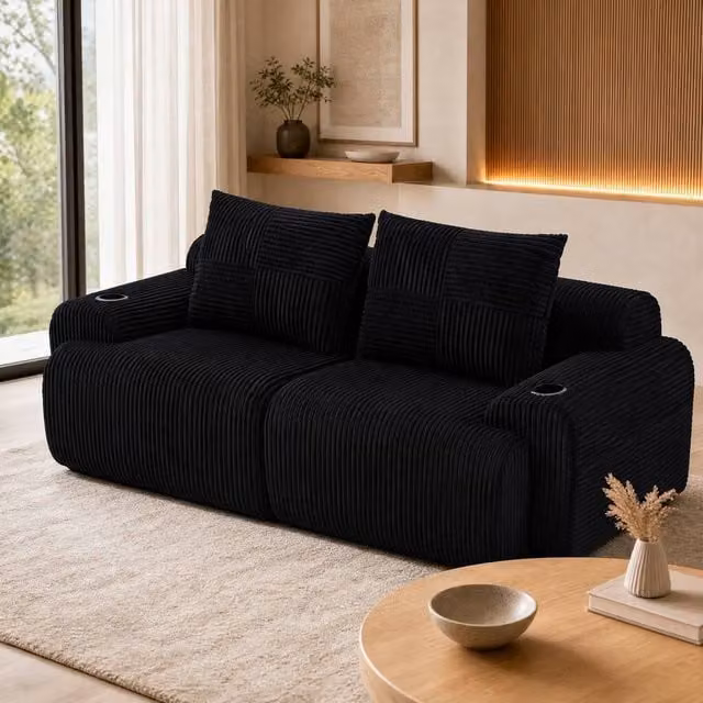 STILVORA 2-Seater Black Corduroy Upholstered Sofa with Cup Holder, W: 200 cm, D: 80 cm, H: 80 cm – 1