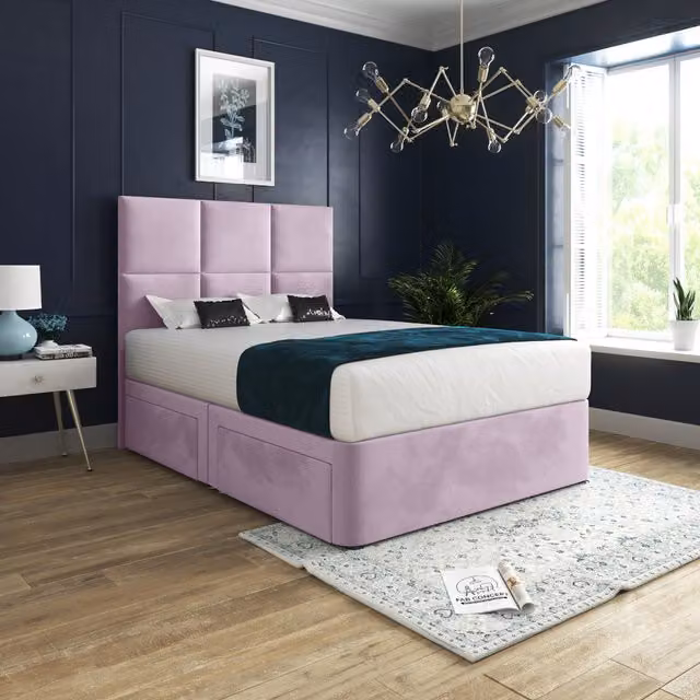 Dime Upholstered Velvet Divan Bed Frame with Floorstanding Headboard in Pink, W/D/H: 80 x 190 cm
