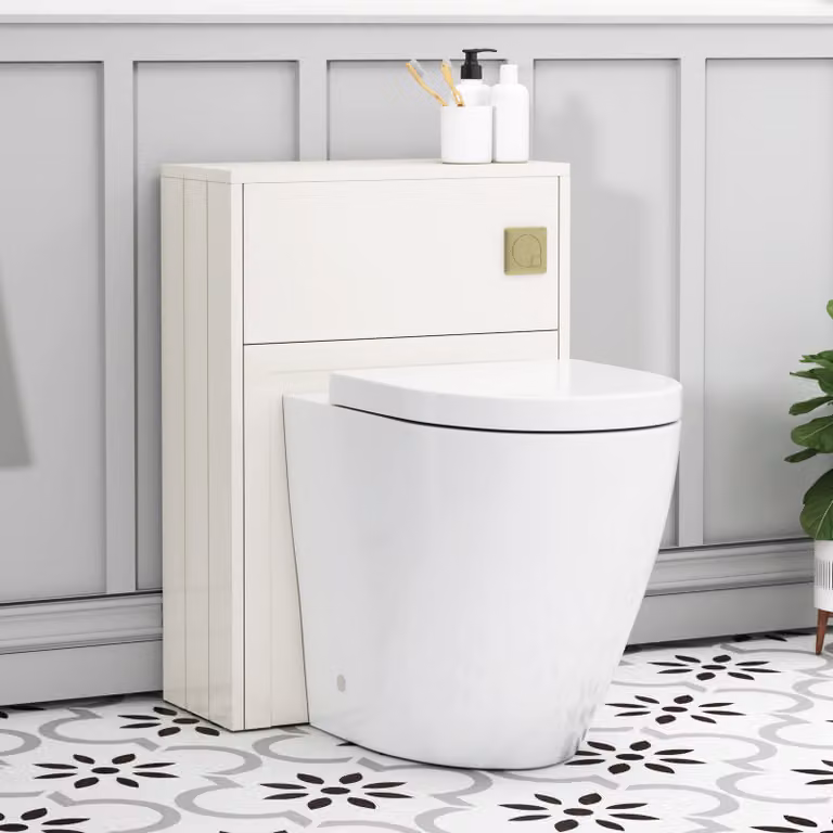Royal Bathrooms Elmore Classic White Wall Mounted BTW WC Unit with Elva Rimless Short Projection Ceramic Toilet Pan, Seat and Cistern, Width: 55 cm