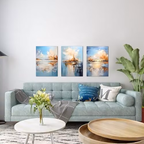 Simpa Azure Mirage 3 Panel Abstract Canvas Wall Art in Blue and Multicolour, W/H: 180 x 60 cm – 3