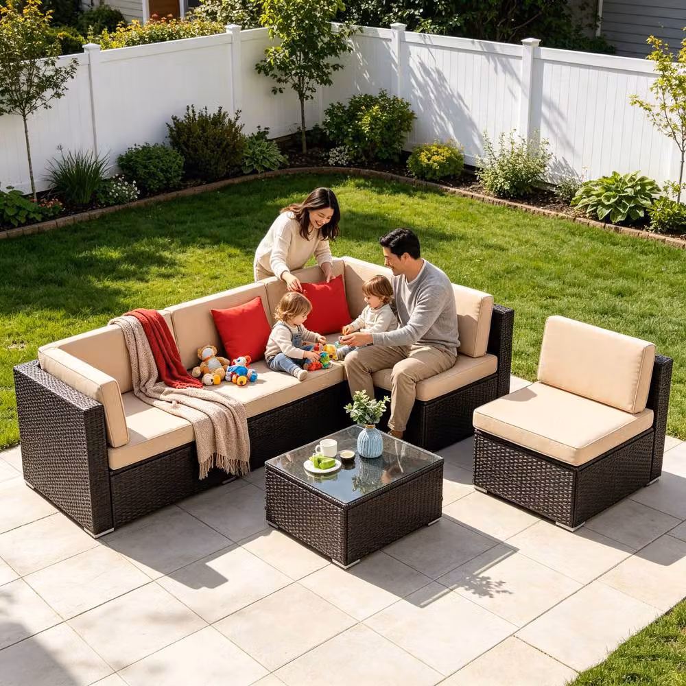 Lishetimig 6-Piece Dark Brown Polyrattan Outdoor Garden Furniture Set with Upholstered Cushions – 5