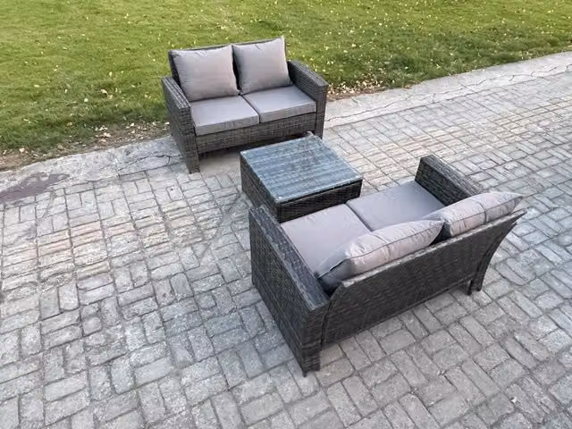Fimous 3 Piece Rattan Garden Furniture Set in Dark Grey with 2 Double Seat Sofas and Coffee Table