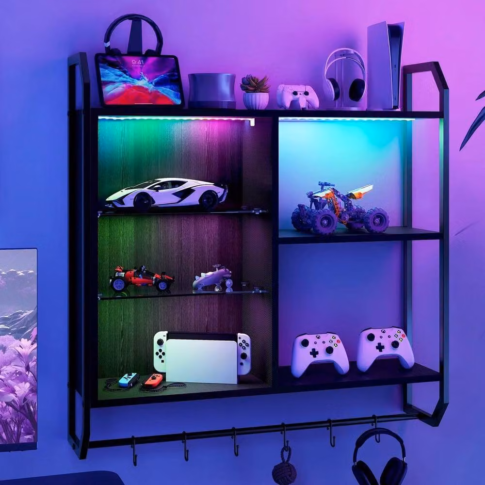 FORGEVIO Wall Mounted Storage Shelves with Integrated RGB Lighting in Black, Width: 50 cm – 2