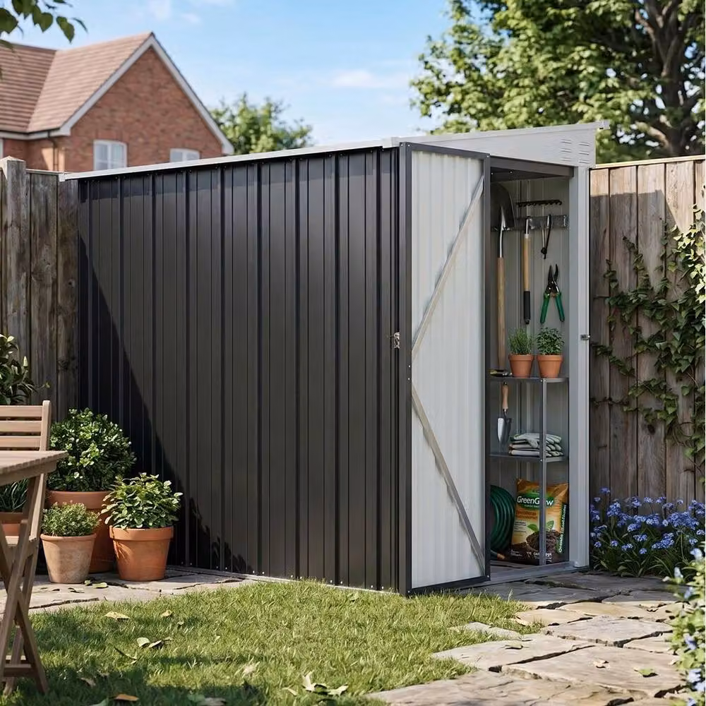 NESTLUNE Grey Galvanised Steel Lean-to Garden Shed Outdoor Storage – 2