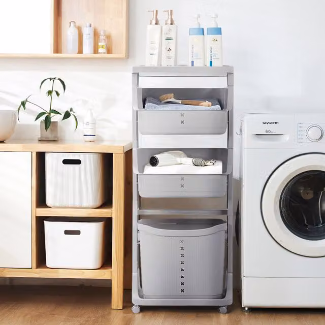 Livingandhome 4-Tier Plastic Storage Rack Laundry Basket with Wheels and Handles, Grey