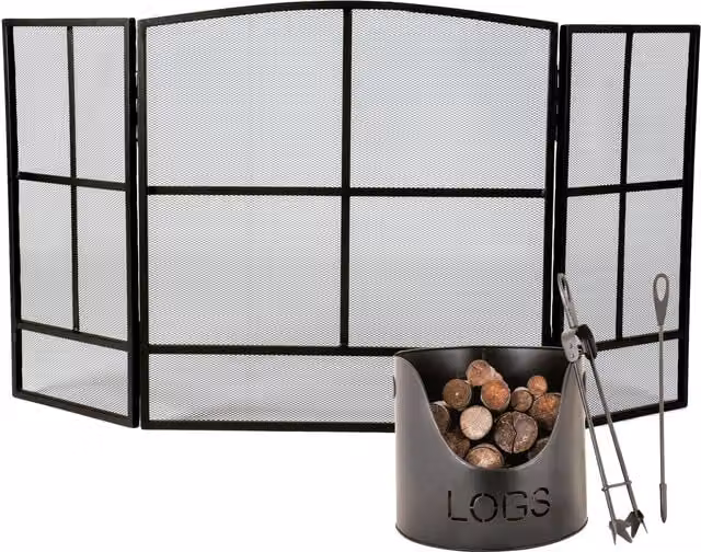 Dibor Contemporary Style Black Fire Screen Guard with Log and Kindling Bucket, H: 64 cm, W: 120 cm – 1