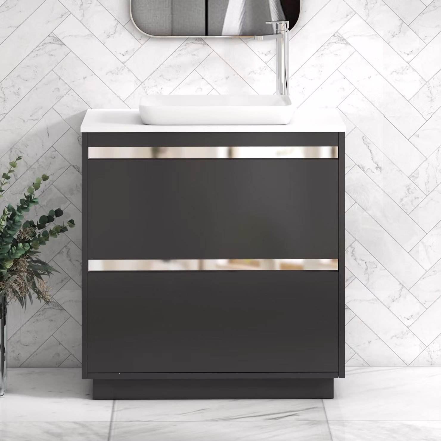 Royal Bathrooms Orion 800mm Matt Obsidian Black Floor Standing 2 Drawer Vanity Unit with Plain White Qubix Countertop Basin and Chrome Accent Trim