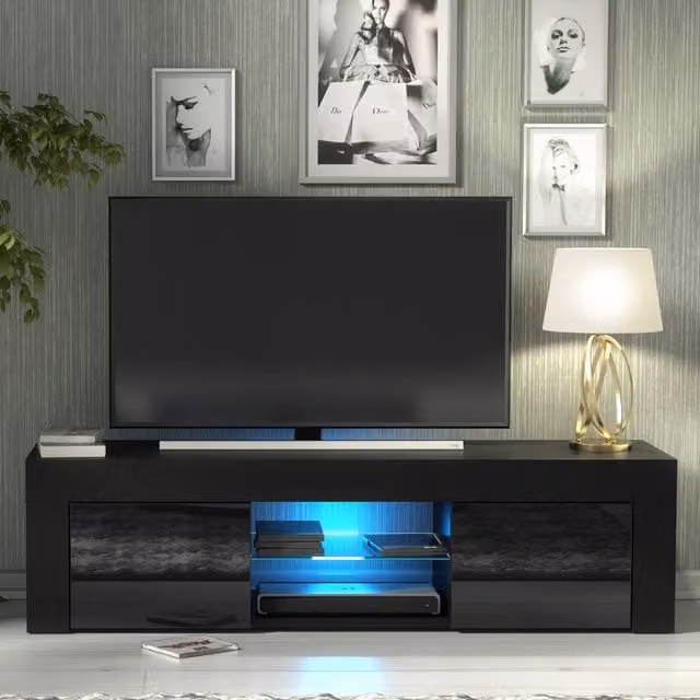 Creative Furniture Loom TV Unit in Black with Glossy Doors, W: 130 cm, D: 35 cm, H: 35 cm – 1