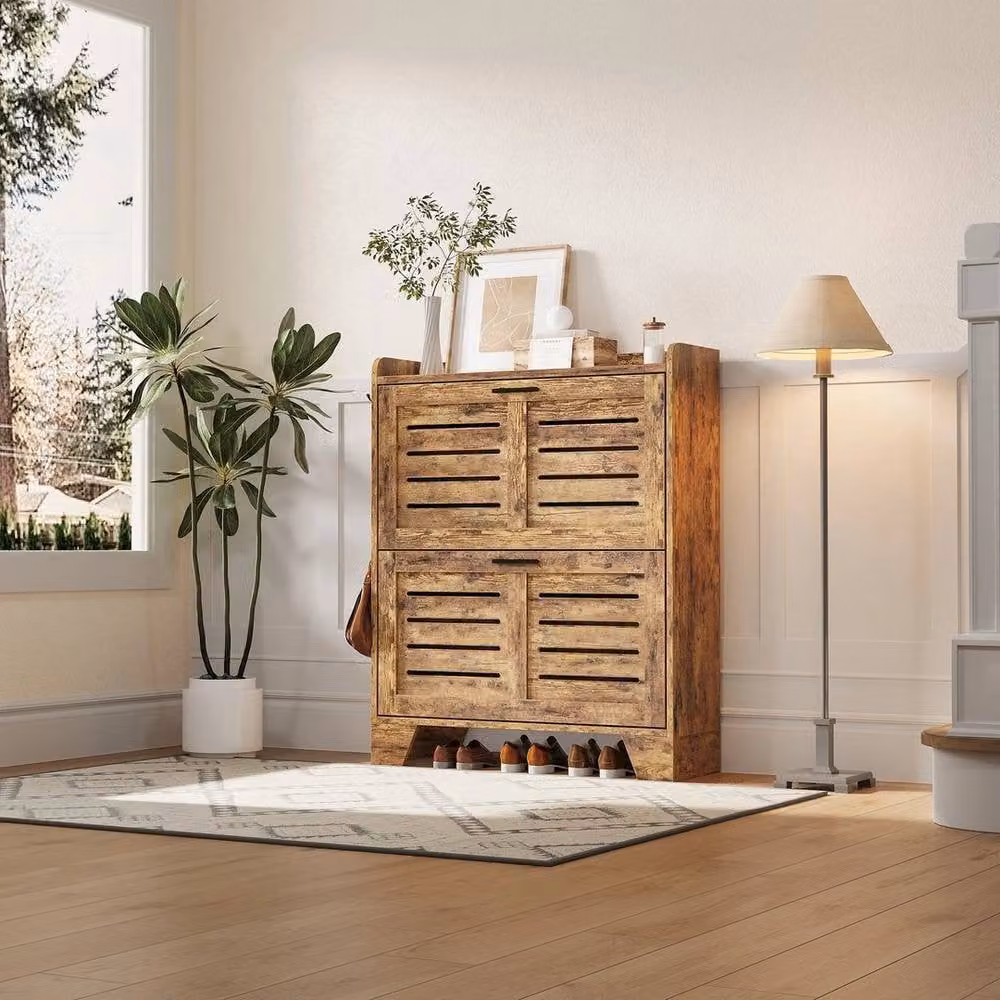 KORVIXA Brown Rustic Tilt-out Shoe Cabinet with Internal Shelves W/D/H: 100 x 100 x 23.88 cm – 4