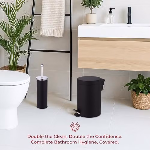 iTrend 3L Black Pedal Dustbin and Toilet Brush Set with Holder, Made from Powder Coated Steel and Stainless Steel – 4
