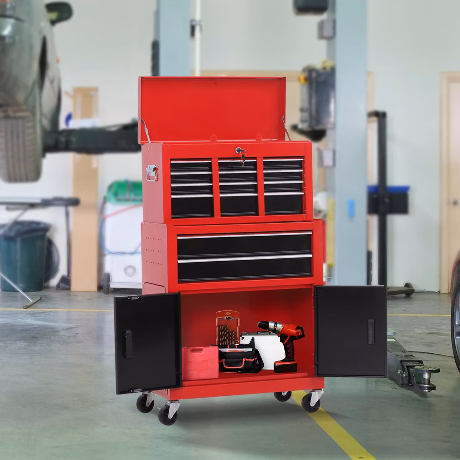 HOMCOM Red Metal Tool Chest with 6 Drawers, Pegboard and Lockable Roller Cabinet, W: 61.6 cm, D: 33 cm, H: 108 cm – 2