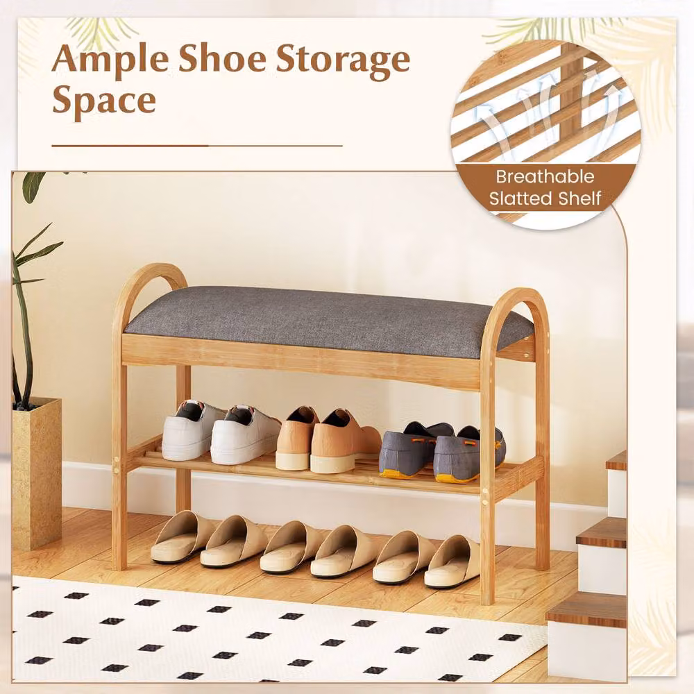Gymax 2-Tier Bamboo Shoe Bench with Padded Fabric Cushion in Grey – 3