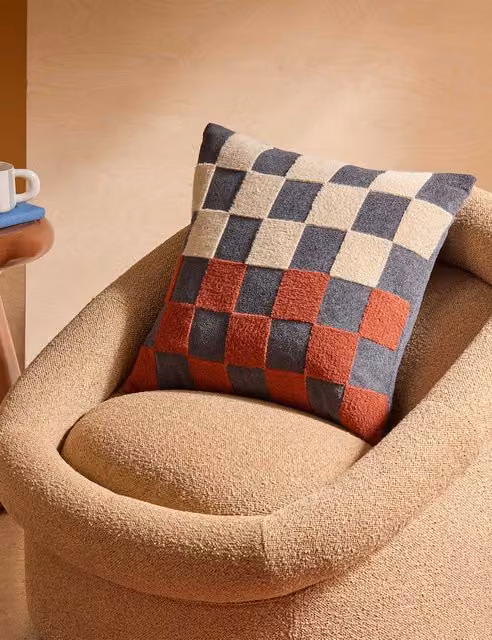 MADE Bouclé Cotton Checkerboard Cushion in Beige and Multicolour
