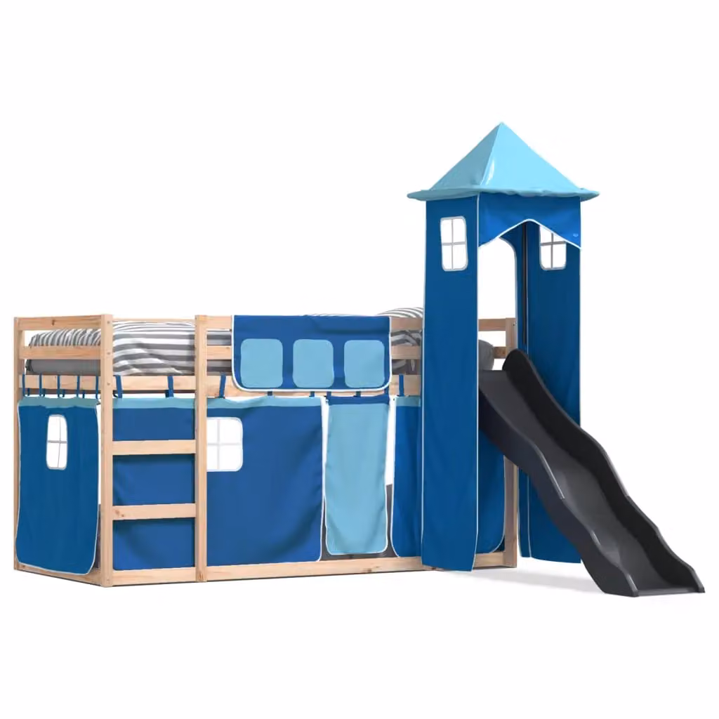 Berkfield Home Blue Solid Wood Childrens Bunk Bed with Slide and Curtains W: 80 cm, L: 200 cm – 2