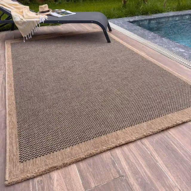 THE RUGS Jute Looking Square Dots Design Outdoor Round Rug in Dark Grey and Blue, Diameter: 160 cm
