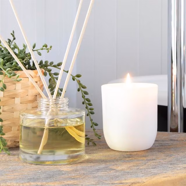 Nicola Spring Rustic Winter Tabletop Glass and Wood Scented Candle, Fresh Fruity Floral, White