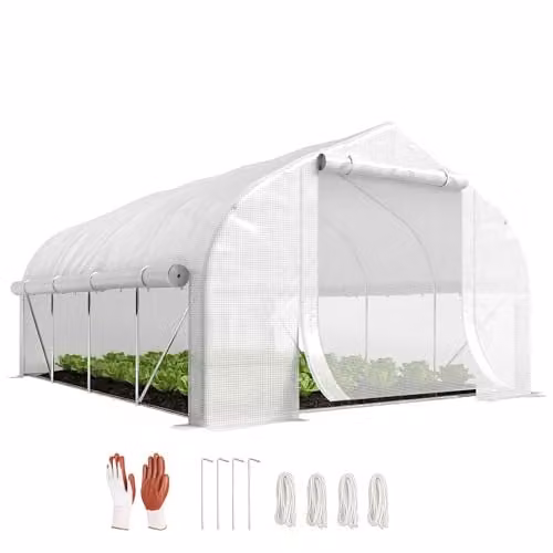 Outsunny White Walk-in Polytunnel Greenhouse with PE Cover, Zipped Roll-Up Sidewalls, Mesh Door and 8 Mesh Windows – 1