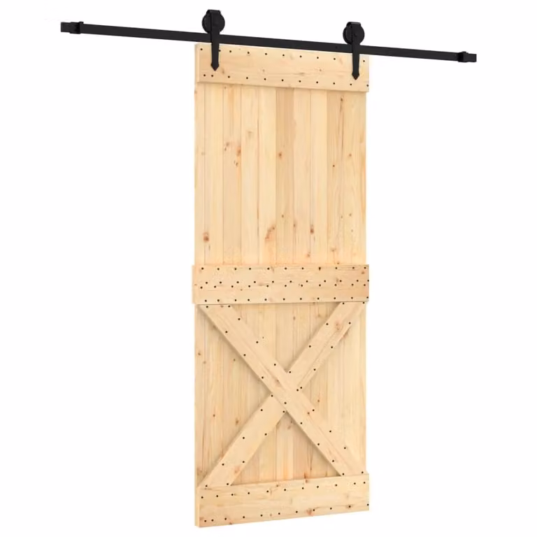 Berkfield Home Rustic Solid Wood Pine Sliding Door with Hardware Set, Brown, W: 85 cm, H: 210 cm