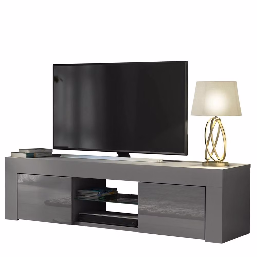 FORGEVIO Modern Grey High Gloss TV Stand Sideboard Cabinet with Media Compartments – 2