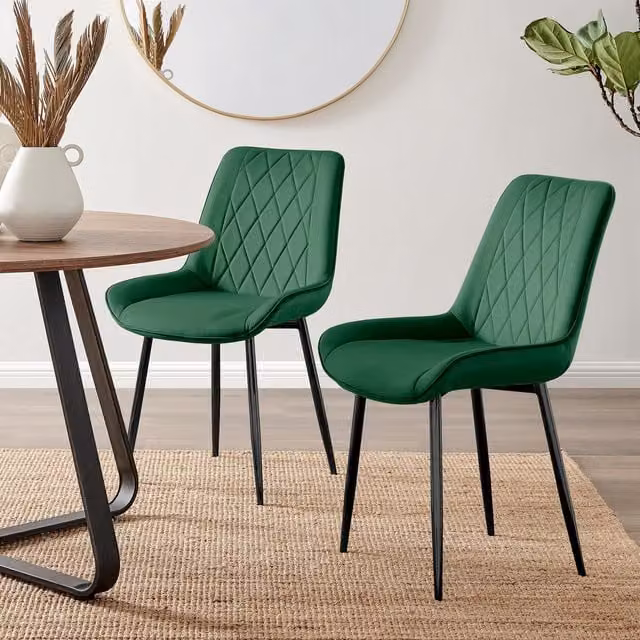 FurnitureboxUK Pesaro Set of 2 Luxury Velvet Dining Chairs with Diamond Stitched Back and Black Metal Legs in Green – 1
