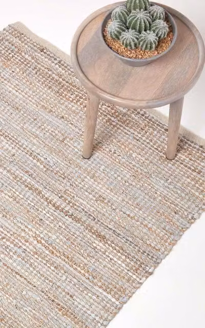 Homescapes Madras Handwoven Leather and Hemp Rug in Beige and Grey, W: 90 cm, L: 150 cm