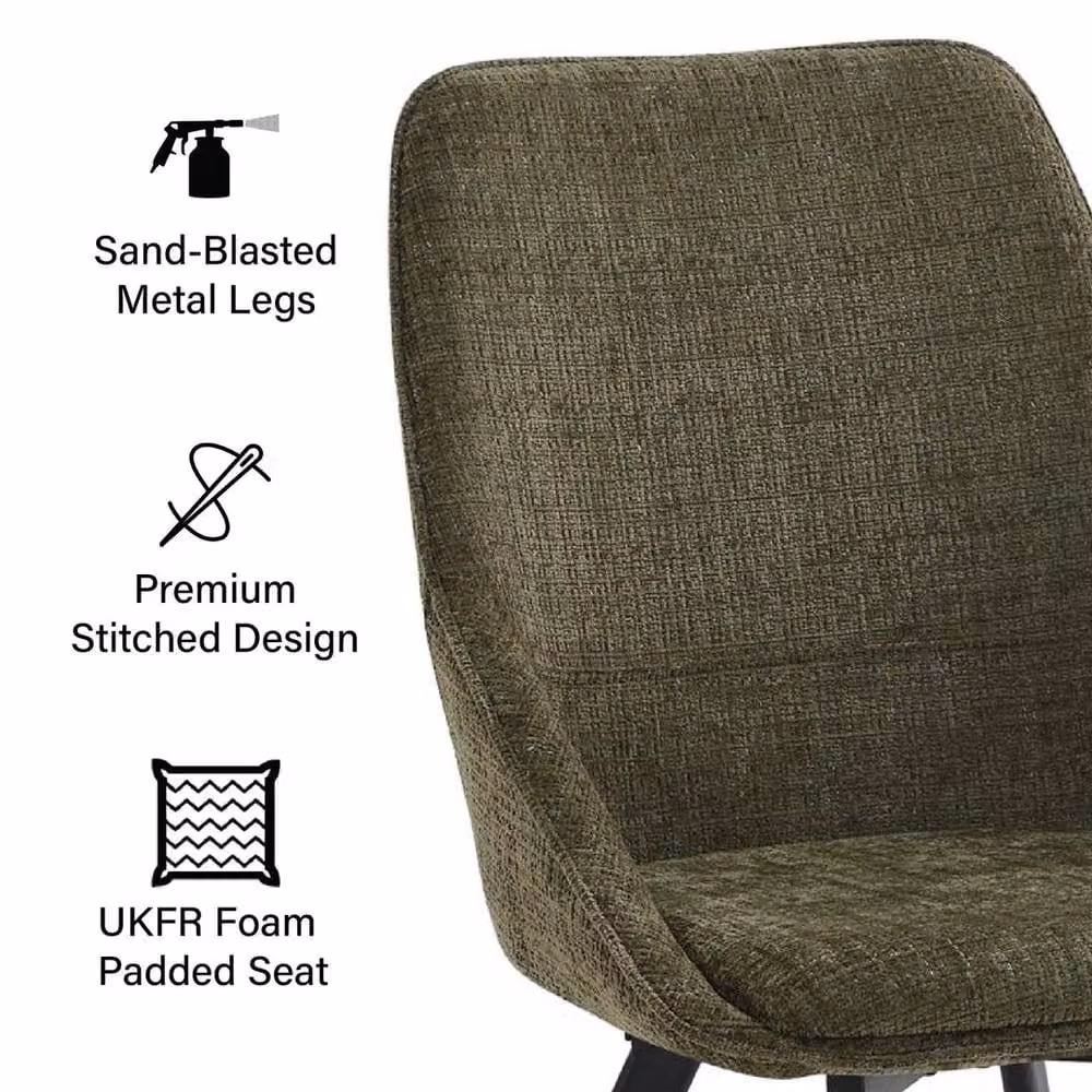 KORVIXA Pack of 2 Modern Dining Chairs with Green Fabric Padded Seats and Metal Legs – 3