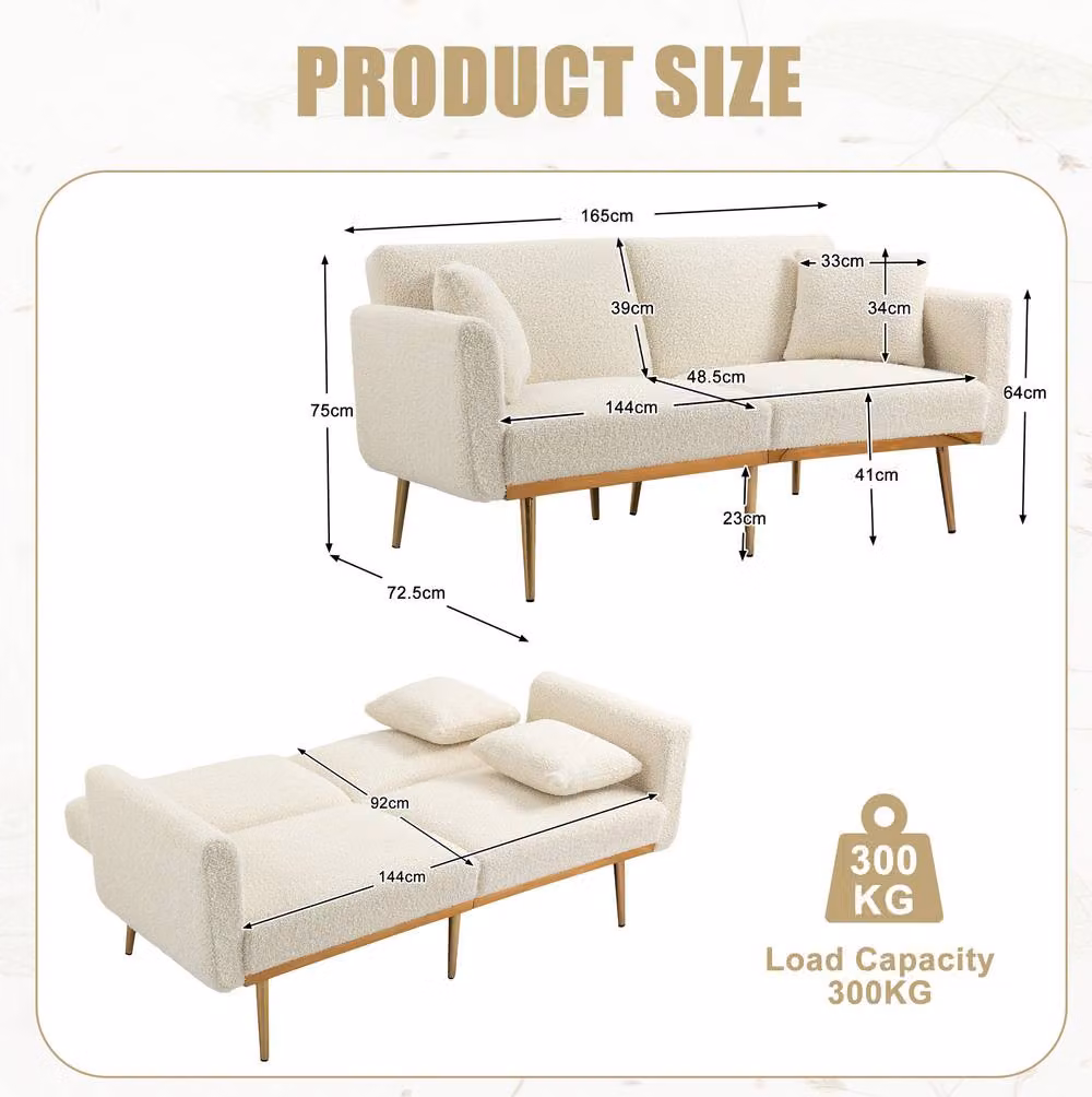 STILVORA 2-Seater White Bouclé Click-Clack Sofa Bed with Adjustable Headrest and Gold Accents – 2