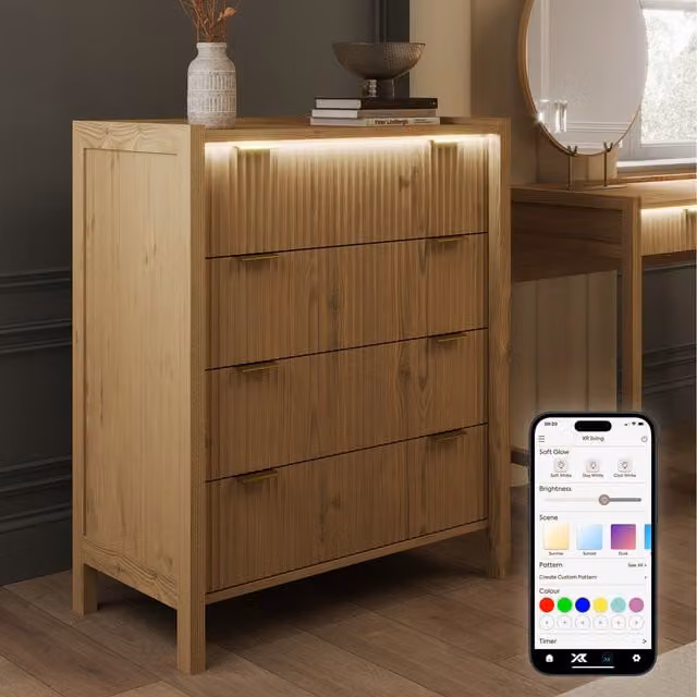XR Living Dakota Chest of Drawers with App Controlled Integrated Lighting in Wild Oak