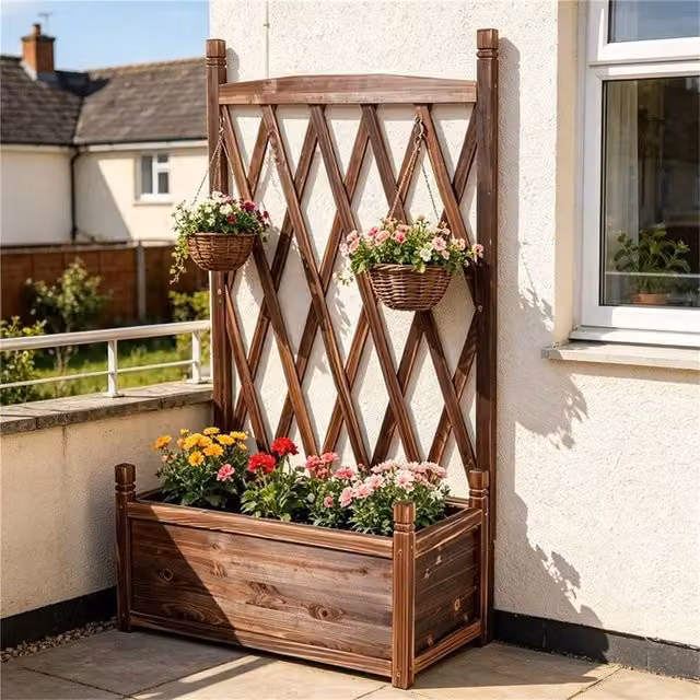 NESTLUNE Wooden Raised Bed Planter with Trellis in Brown, W/D/H: 64 x 36.5 x 115 cm