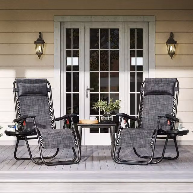 Yaheetech Set of 2 Grey Zero Gravity Foldable Lounging Chairs with Adjustable Headrest and Side Tray