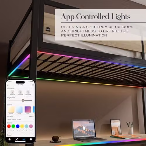X Rocker Denver 3ft Single High Sleeper Bunk Bed with App Controlled LED Lights, Gaming Desk, PC Storage Shelf and Wireless Charging in Oak and Black, W/D/H: 190 x 90 x 183 cm – 3