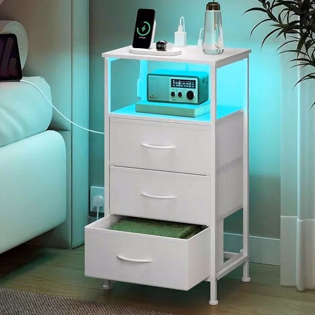 The Bazaarist Modern White LED Bedside Table with 3 Drawers and USB Charging Station