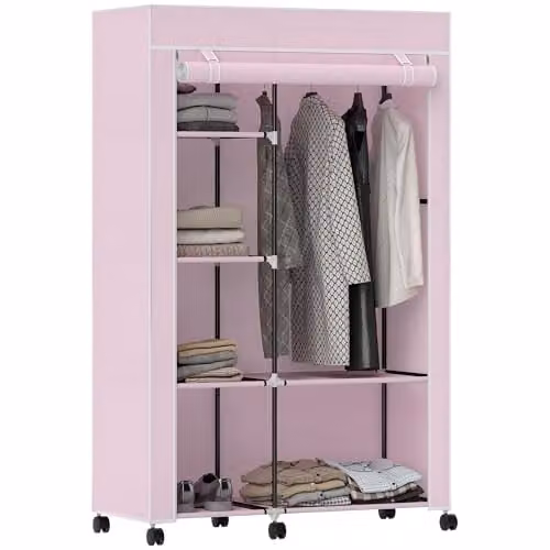 HOMCOM Pink Fabric Wardrobe with Hanging Rail and Internal Shelves, W/D/H: 103 x 43 x 162.5 cm